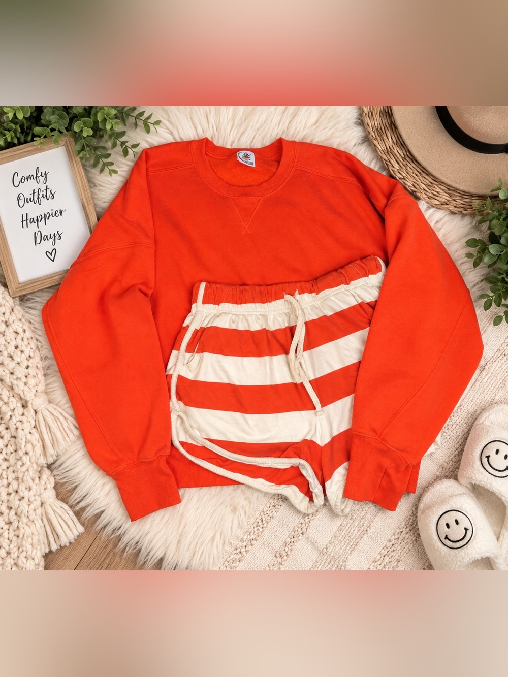 Aerie Orange Sweatshirt & Striped Shorts Set | Top L / Shorts M